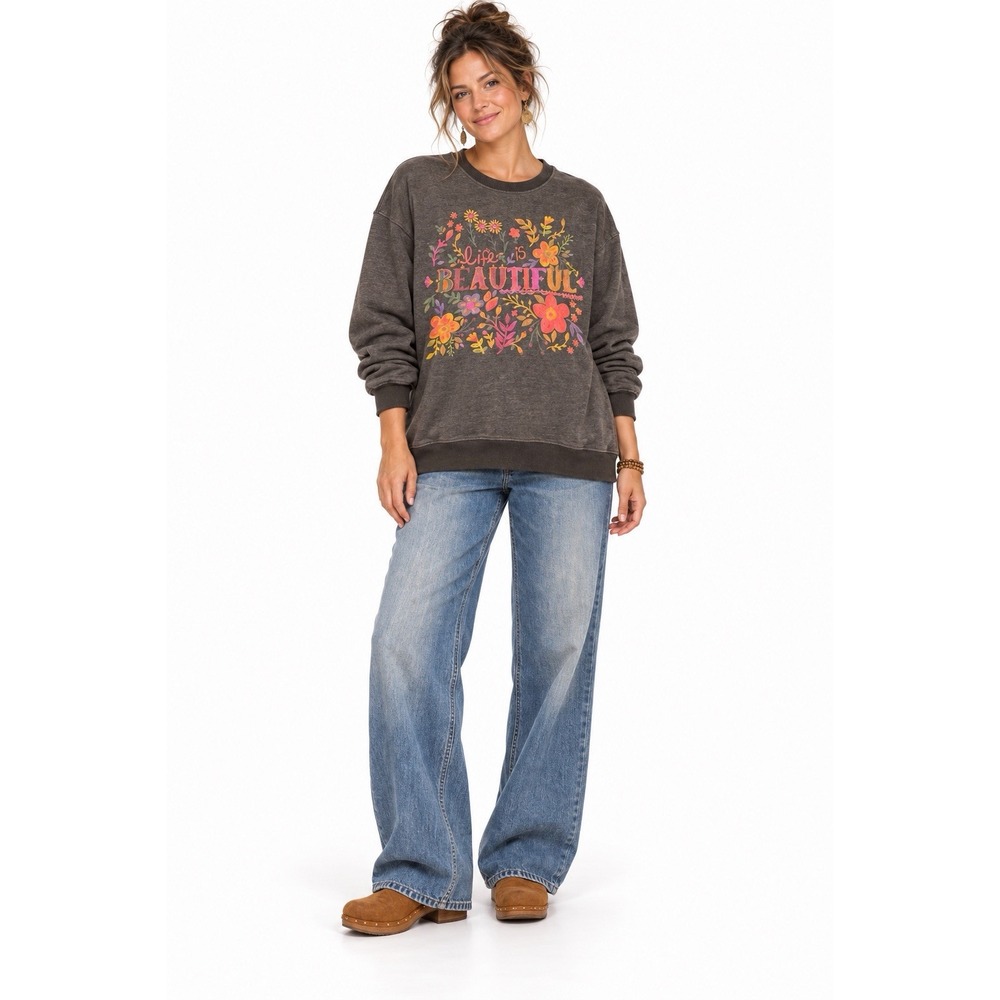 Natural Life Life Is Beautiful Sweatshirt S Oversized Floral Boho Gray Pockets